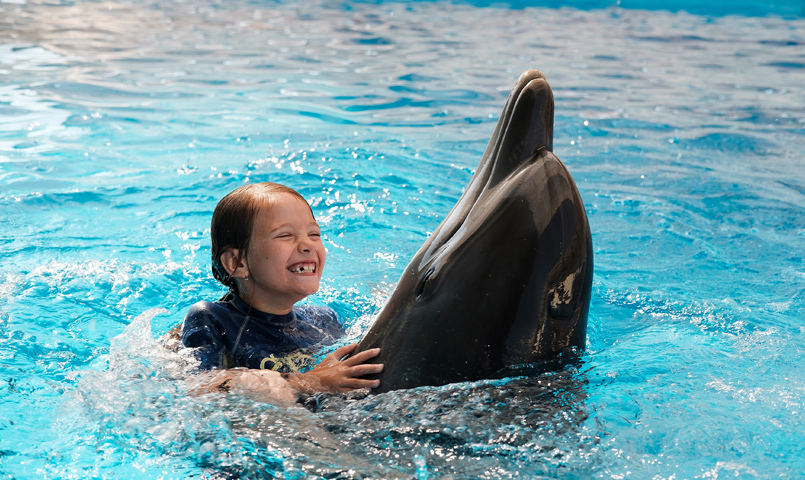 enfant nageant avec un dauphin