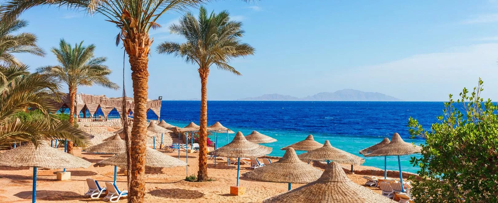 Plage paradisiaque à Hurghada avec palmiers et parasols, station balnéaire en Égypte idéale pour vacances au soleil