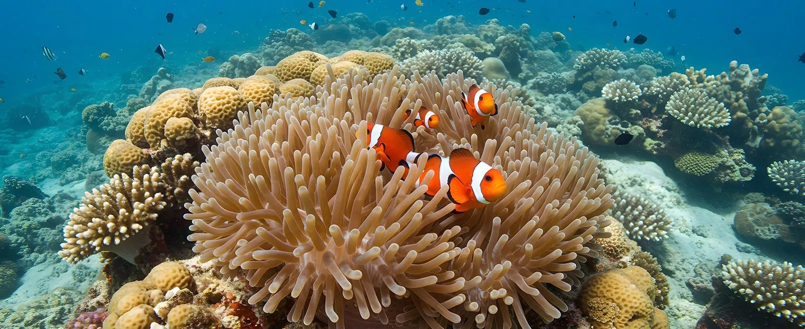 Corail dans la mer avec des poissons clowns