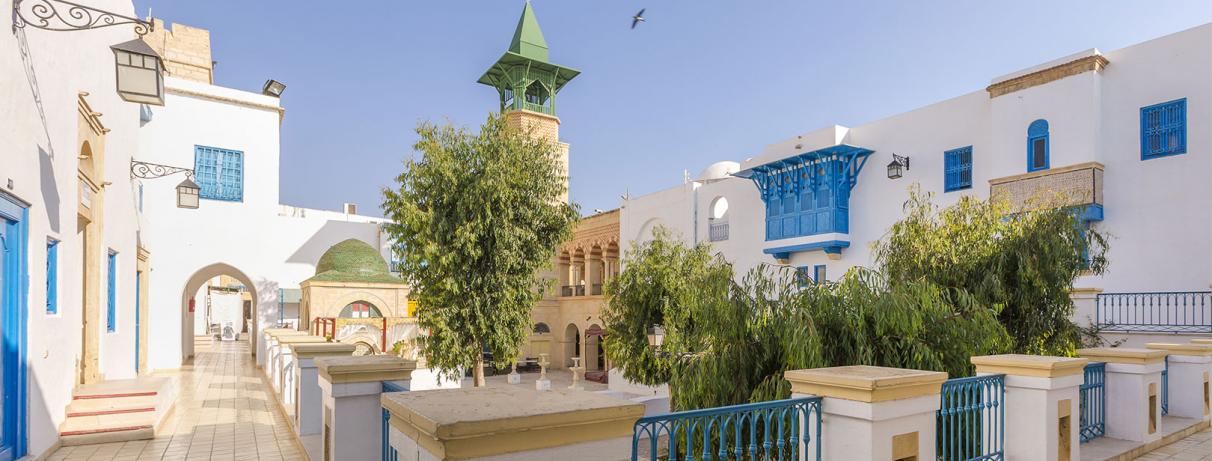 maisons blanches avec portes bleues