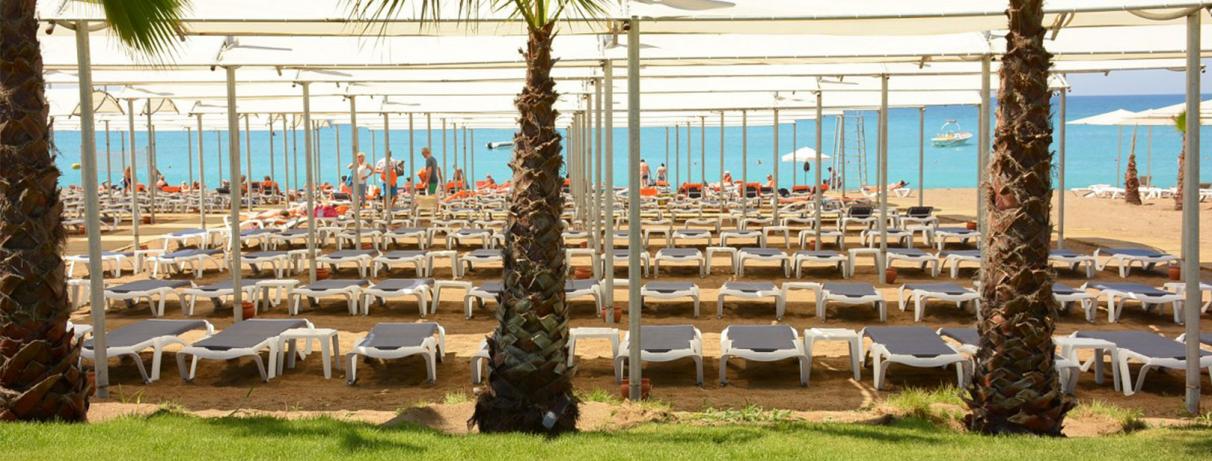 plage avec rangées de transats