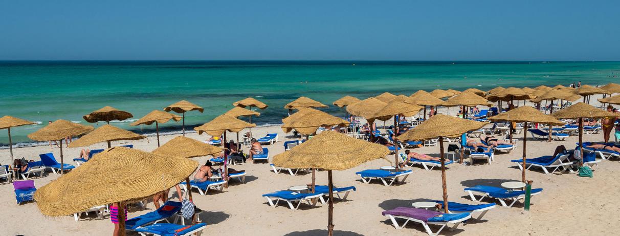 plage avec parasols et palmiers