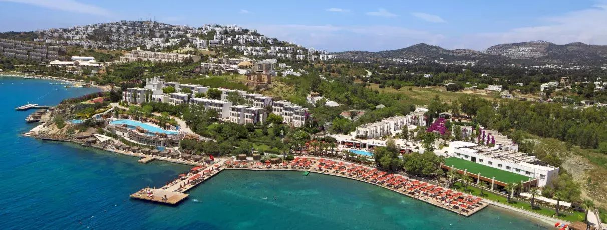vue en hauteur de la côte avec la plage et l'hôtel