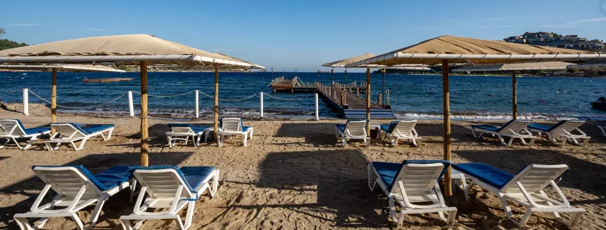plage avec transats et parasols 