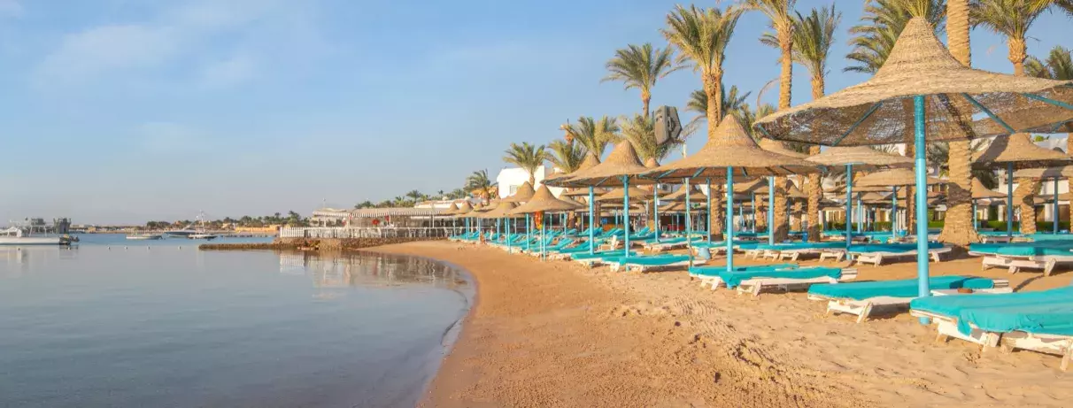 plage avec transats et parasols