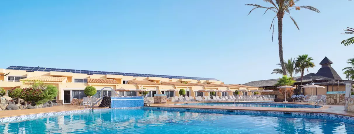 piscine extérieure avec palmiers et vue de l'hôtel