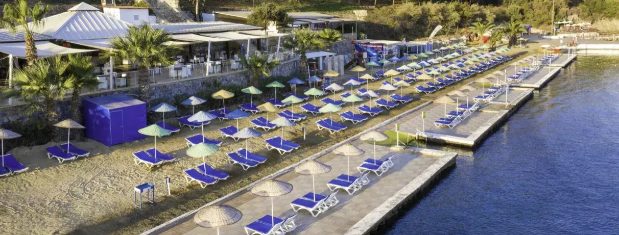 plage avec transats et parasols 