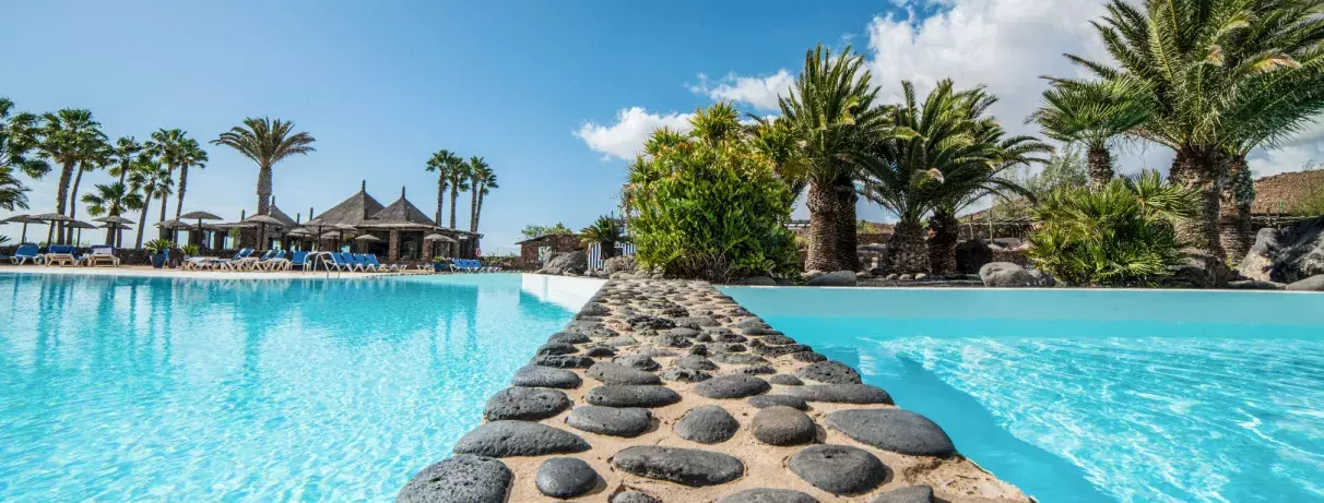 piscine avec palmiers et chemin de pierres