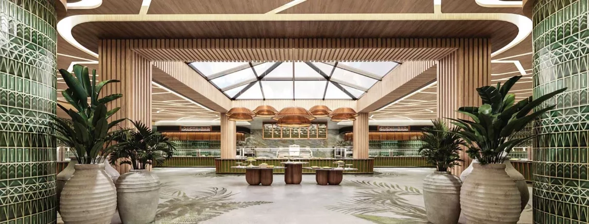 Pavillon avec grand buffet, tables en bois, décoration zen, pots de plantes