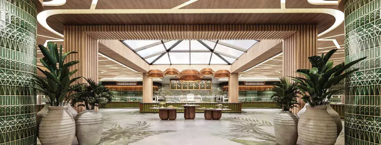 Pavillon avec grand buffet, tables en bois, décoration zen, pots de plantes