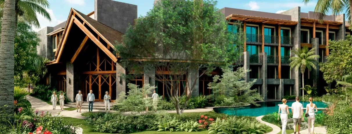 entrée de l'hôtel en bois, bassin d'eau, végétation, palmiers