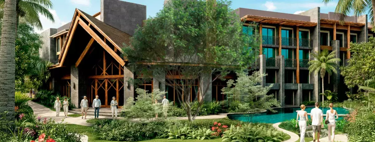 entrée de l'hôtel en bois, bassin d'eau, végétation, palmiers