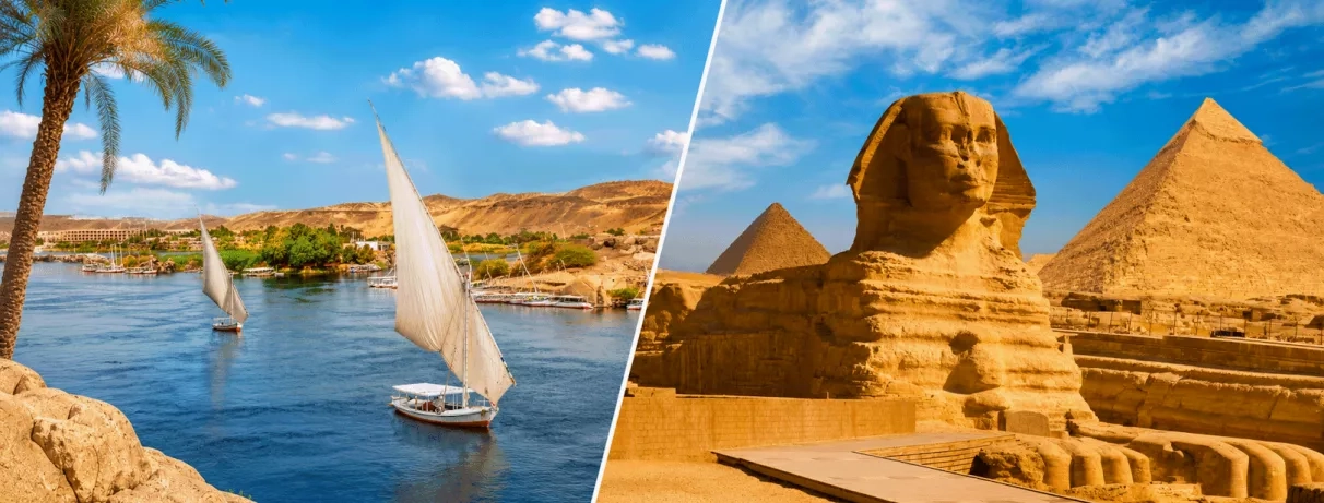 felouque sur le nil et pyramides avec sphynx, sous un ciel bleu en egypte