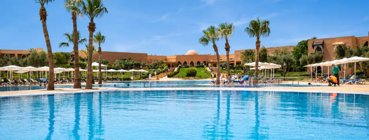 vue panoramique sur la piscine avec des palmiers au jardin d'à côté et un ciel bleu au fond