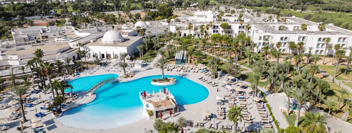 Une vue plongeante sur la piscine en forme d'îlot, reliée par sa passerelle, au cœur d'un écrin de palmiers.