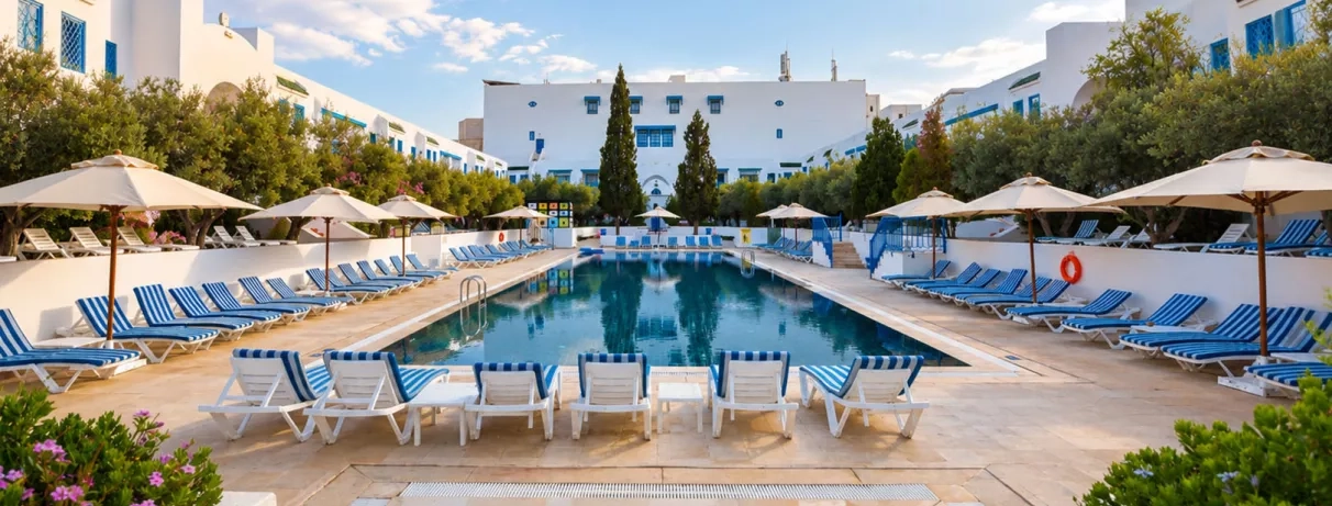 piscine extérieure vue de jour, équipée de transats 
