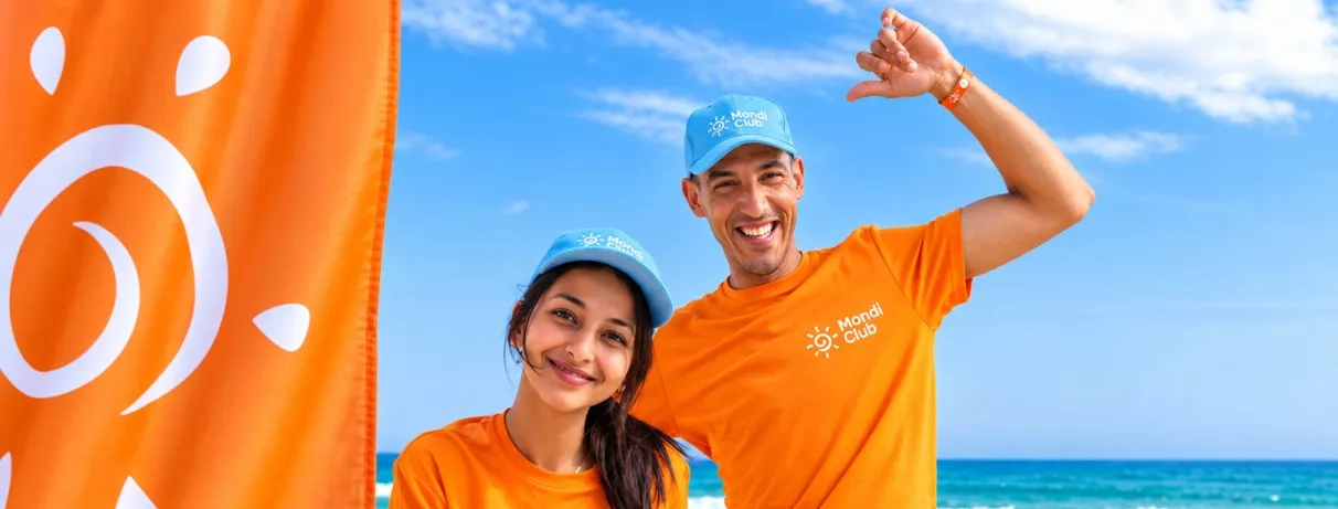 2 animateurs à la plage a côté d'un drapeau Mondi Club