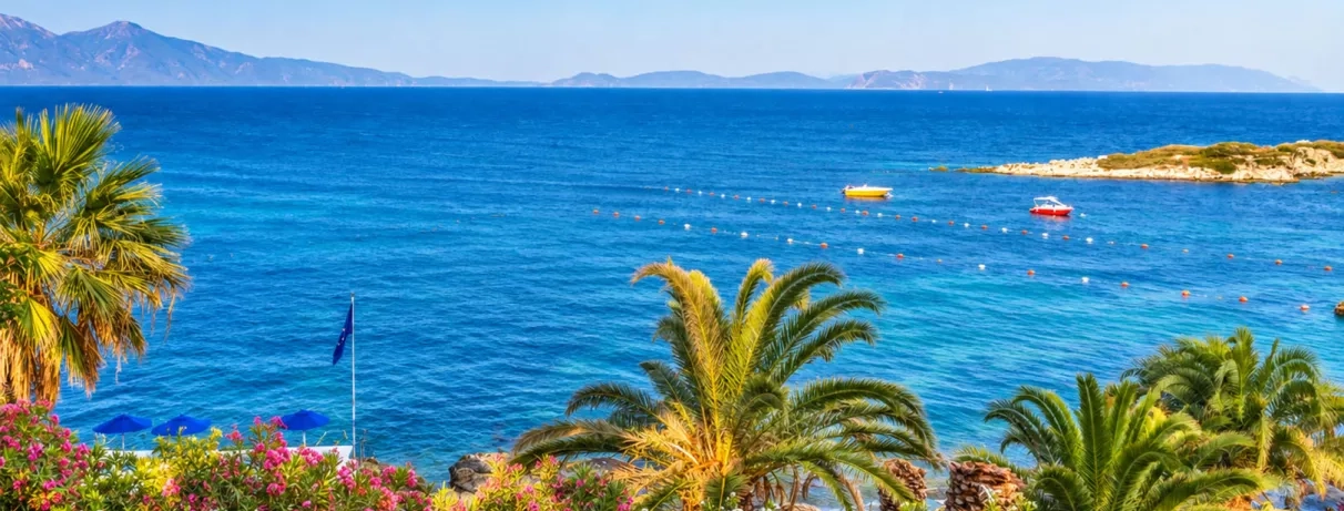 Une vue paisible sur la mer bleue encadrée par une végétation luxuriante.