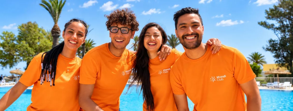 Équipe d'animation souriante en t-shirts orange Mondi Club au bord de la piscine de l'hôtel Nozha Beach Hammamet.