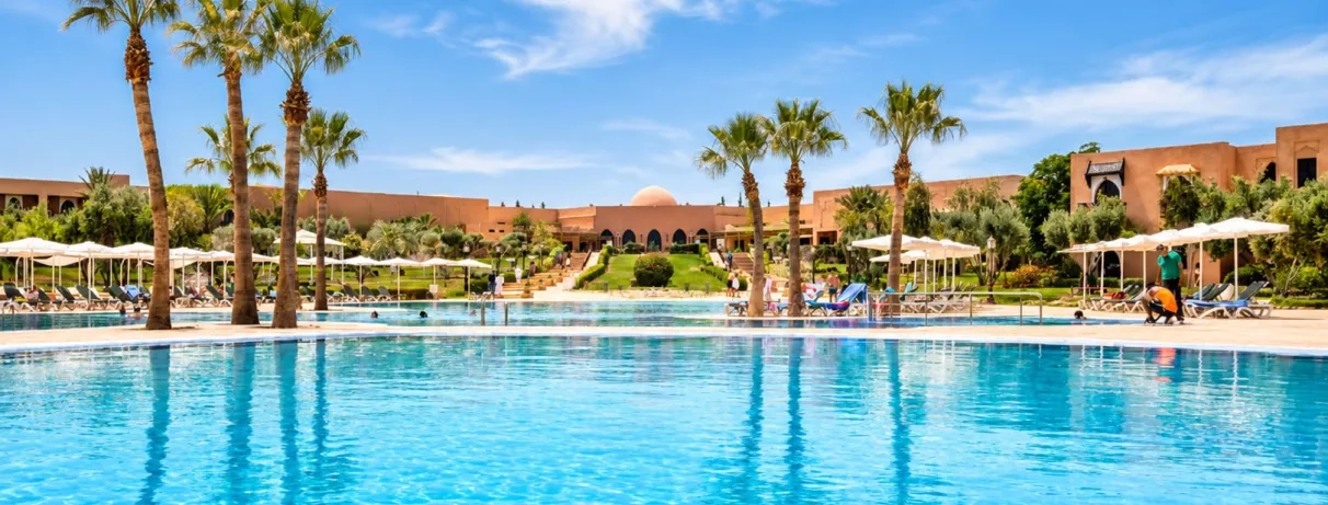 vue panoramique sur la piscine avec des palmiers au jardin d'à côté et un ciel bleu au fond