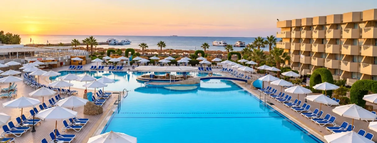 Piscine du Mondi Club Seven Seas Jolie Bay à Hurghada bordée de transats et parasols au coucher du soleil.