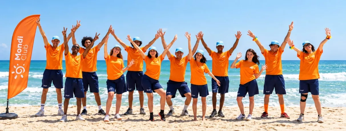 Équipe d'animation Mondi Club Shalimar réunie en t-shirts orange sur la plage de sable d'Hammamet.