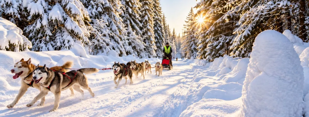 Attelage de chiens de traîneau husky en pleine forêt enneigée, activité Mondi Club Sodankylä.