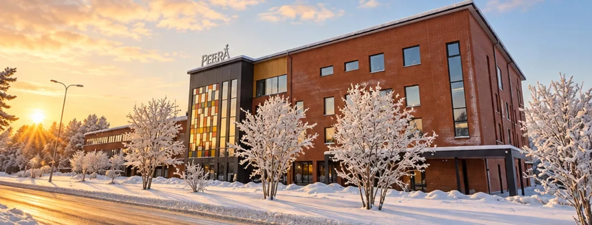 Façade en briques et arbres enneigés de l'hôtel Peerâ Mondi Club Sodankylä sous le soleil couchant.