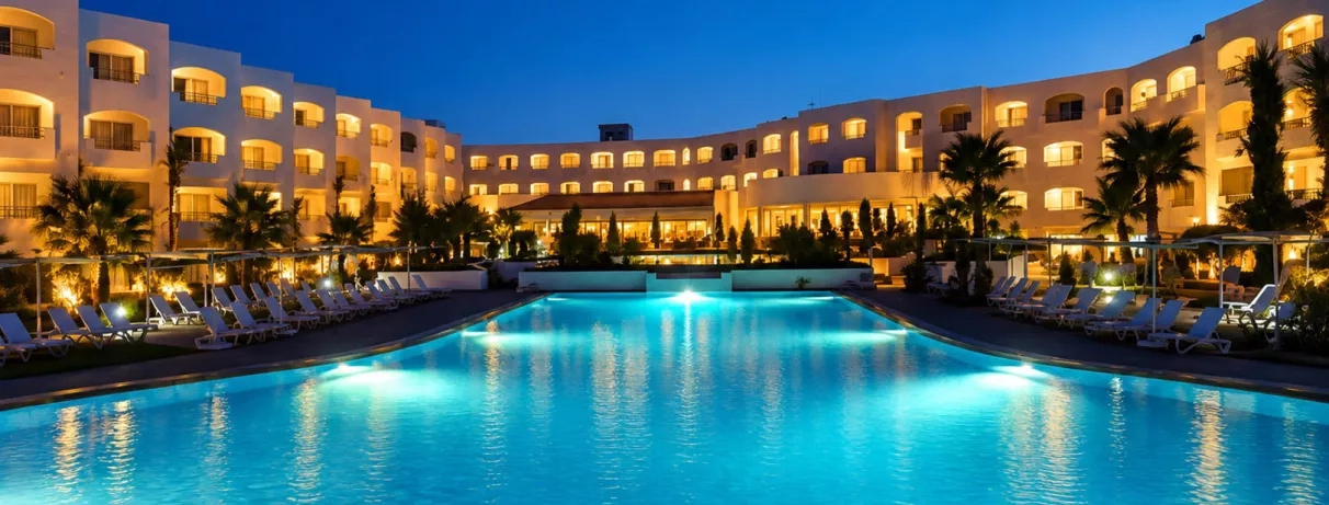 Piscine extérieure de l'hôtel Mondi Club Thalassa Mahdia illuminée de nuit devant les bâtiments de style tunisien.