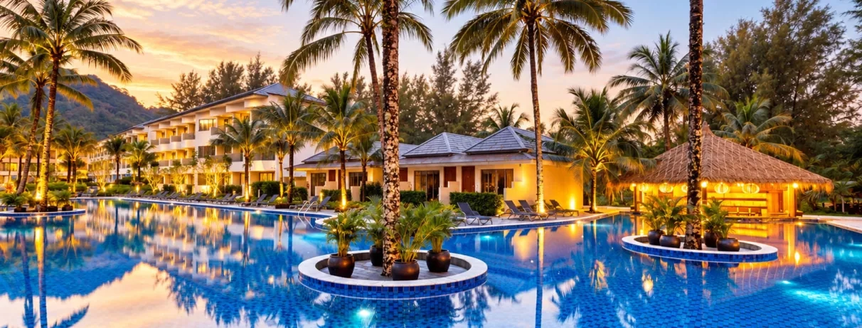 Une large piscine entourée de palmiers et de jardins tropicaux au coucher du soleil.