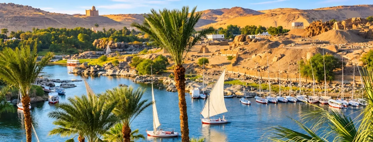 Félouques à voiles blanches naviguant sur le Nil à Assouan paysage croisière Égypte