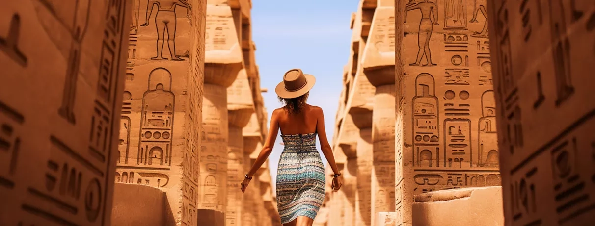 Femme contemplant les pyramides de gizeh en egypte lors d'un combiné pyramides mer rouge
