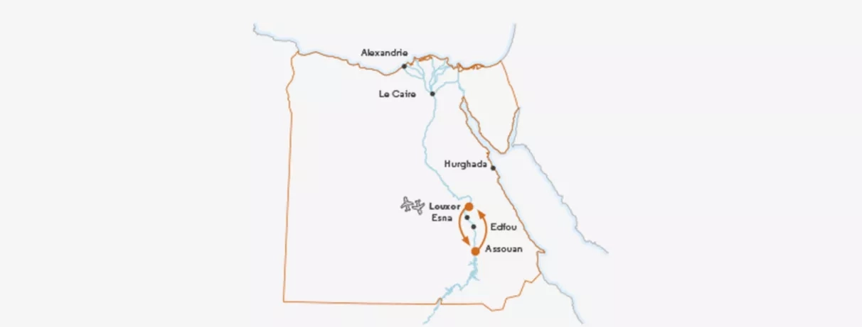 Carte de l'itinéraire de votre croisière Fééries du Nil entre Louxor et Assouan en Égypte.