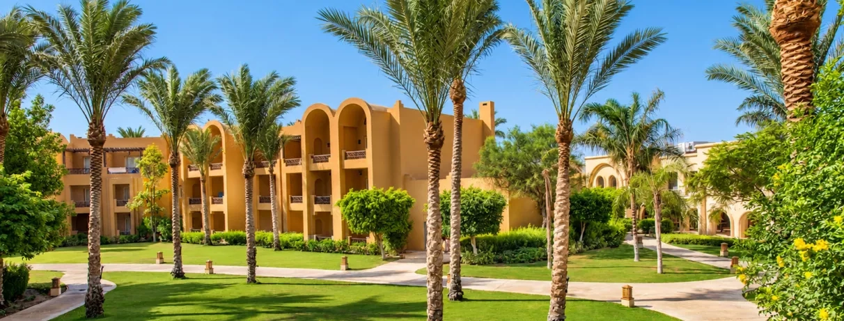 jardin avec palmiers et hotel stella beach à hurghada en egypte