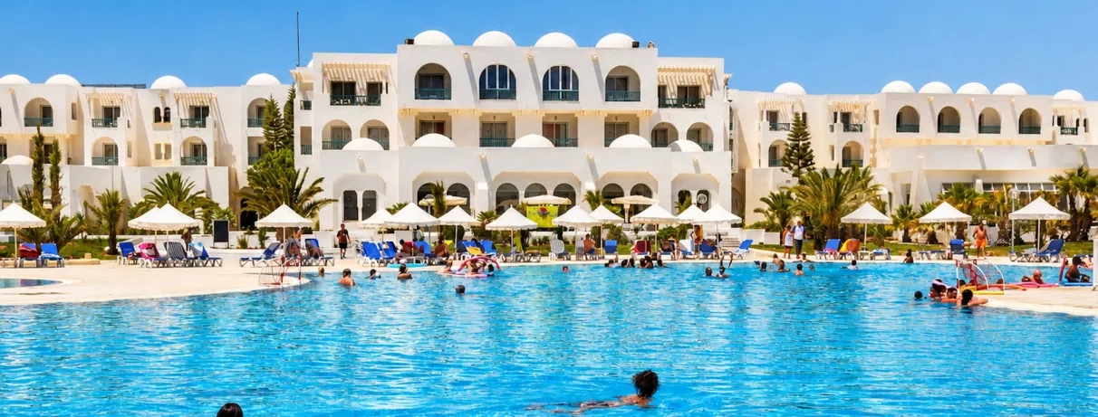 Grande piscine extérieure de l'hôtel avec vacanciers et architecture traditionnelle blanche pour un séjour en Tunisie.