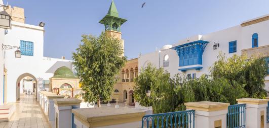 maisons blanches avec portes bleues