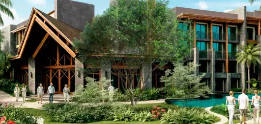 entrée de l'hôtel en bois, bassin d'eau, végétation, palmiers