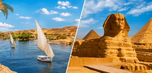 felouque sur le nil et pyramides avec sphynx, sous un ciel bleu en egypte