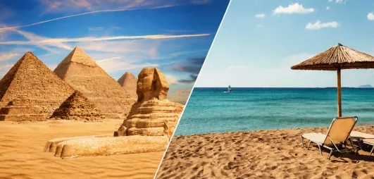 Pyramides du Caire sous un ciel bleu et plage avec transat et mer turquoise au bord de la mer rouge