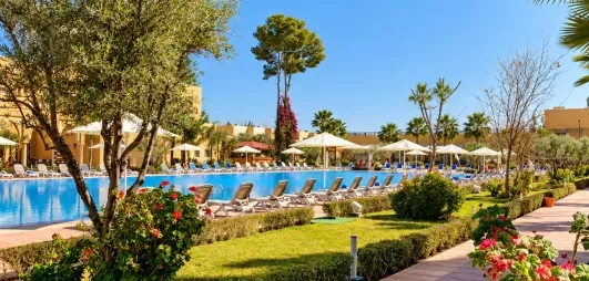 vue générale sur la partie piscine de l'hôtel avec les transats tout autour et une partie jardin