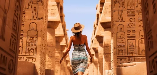 Femme contemplant les pyramides de gizeh en egypte lors d'un combiné pyramides mer rouge