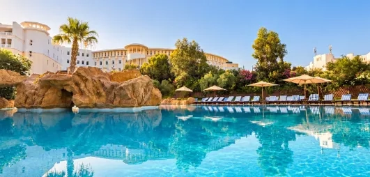 Vue d'une piscine bordée de palmiers