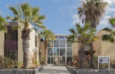 Une allée centrale bordée de palmiers et de bâtiments modernes sous un ciel bleu dégagé.