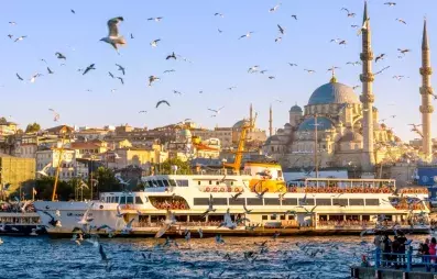 vue sur la mosquée d'Istanbul avec un bateau sur le fleuve