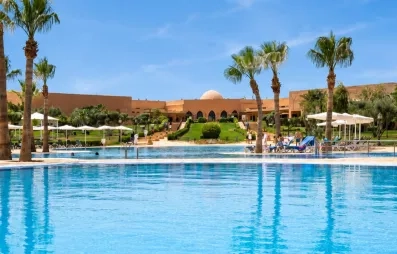 vue panoramique sur la piscine avec des palmiers au jardin d'à côté et un ciel bleu au fond
