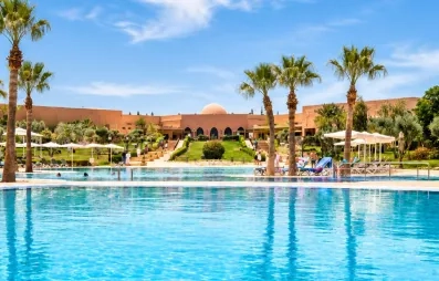 vue panoramique sur la piscine avec des palmiers au jardin d'à côté et un ciel bleu au fond