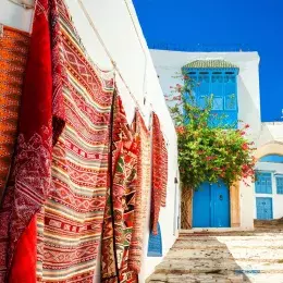 Maison blanche avec fenêtre bleue et tapis