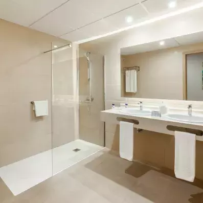 salle de bain avec douche et miroir