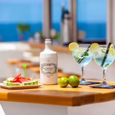 Deux cocktails rafraîchissants servis sur une table en bois et une vue sur l'océan.