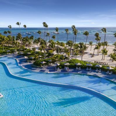 piscine avec palmiers et mer derrière